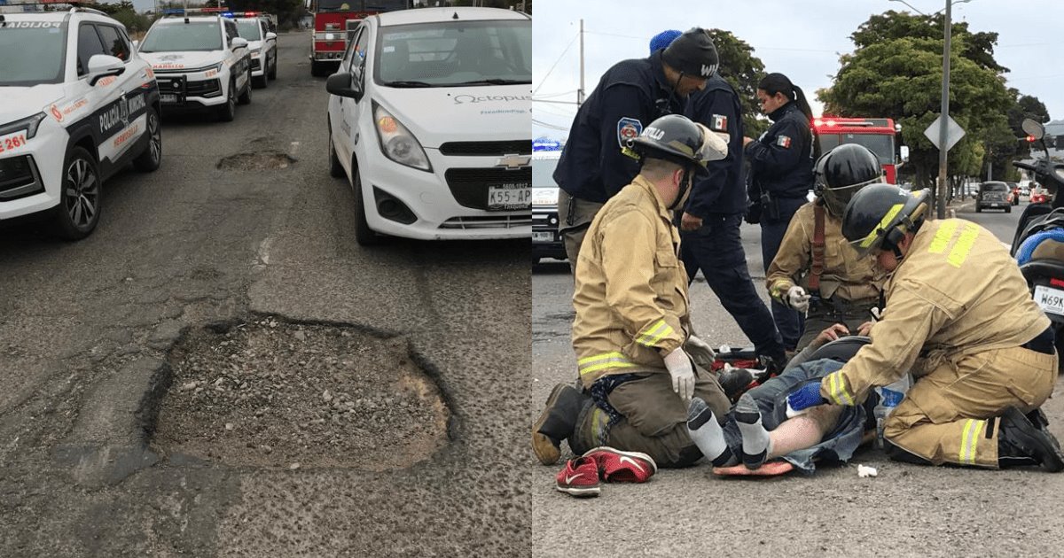 Motociclista cae en un hoyo y queda lesionado sobre el bulevar Solidaridad