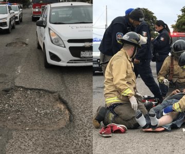 Motociclista cae en un hoyo y queda lesionado sobre el bulevar Solidaridad