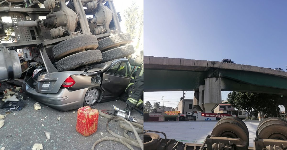 Cae tráiler de un puente y aplasta vehículos; hay heridos de gravedad