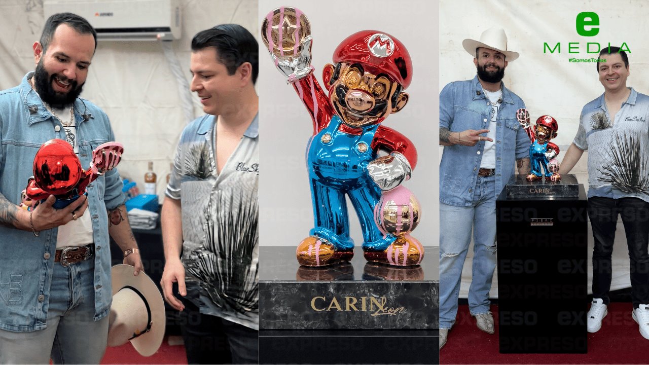 Recibe Carin León exclusiva escultura de Mario Bros con colmillo de leche