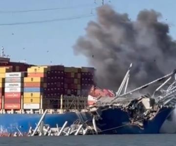 Demuelen parte del puente colapsado en Baltimore para liberar barco