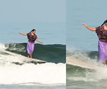 Surfista mexicana Patricia Ornelas desafía olas con huipil