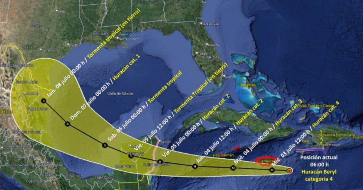 Activan Alerta Amarilla por huracán Beryl en Quintana Roo