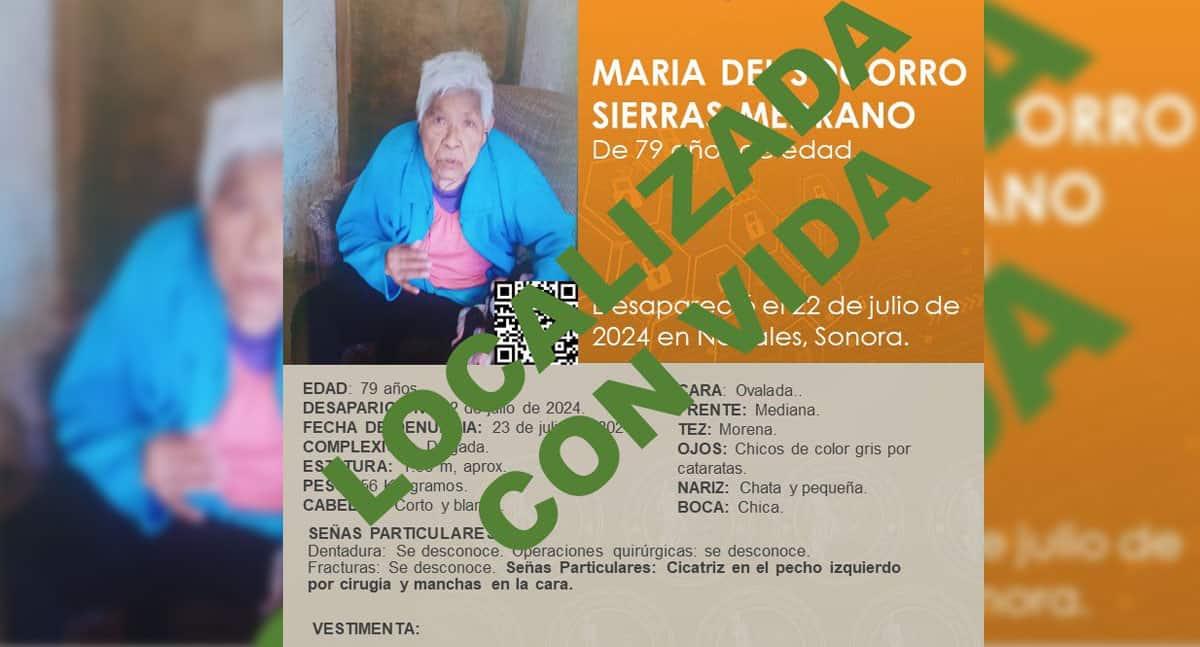 Localizan sana y salva a la señora  María del Socorro