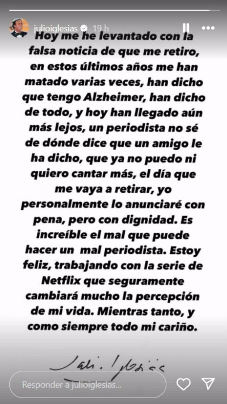 Julio Iglesias arremete contra los rumores de su retiro de la música