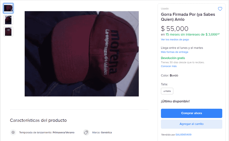 Ofertan en 55 mil pesos una gorra firmada por AMLO