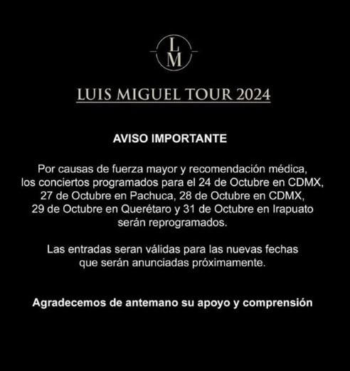 Luis Miguel pospone cinco conciertos de su gira por recomendación médica