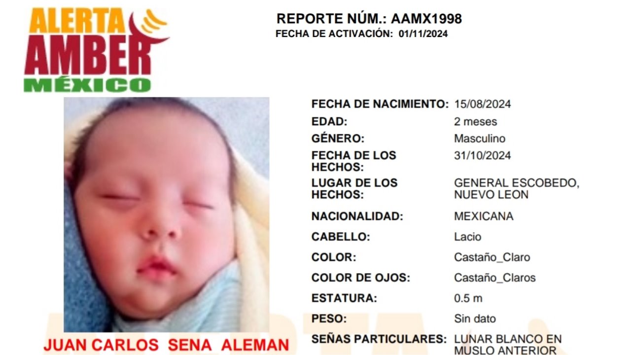 Activan Alerta Amber por robo de bebé de 3 meses de edad en Nuevo León