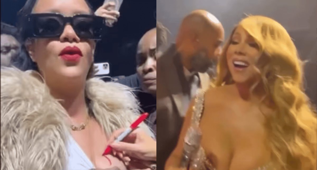 Mariah Carey firma autógrafo en el pecho de Rihanna durante concierto