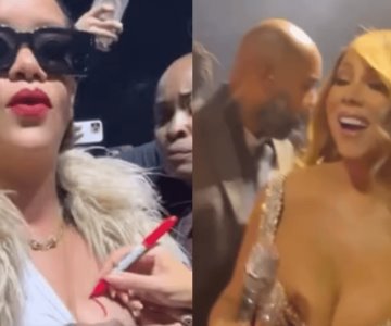 Mariah Carey firma autógrafo en el pecho de Rihanna durante concierto