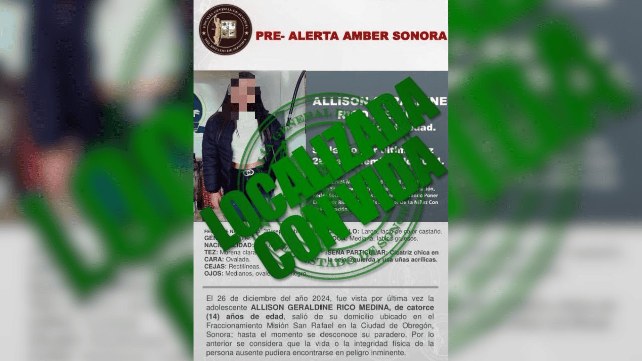 Alison Geraldine, menor desaparecida en Obregón, regresa a casa sana y salva