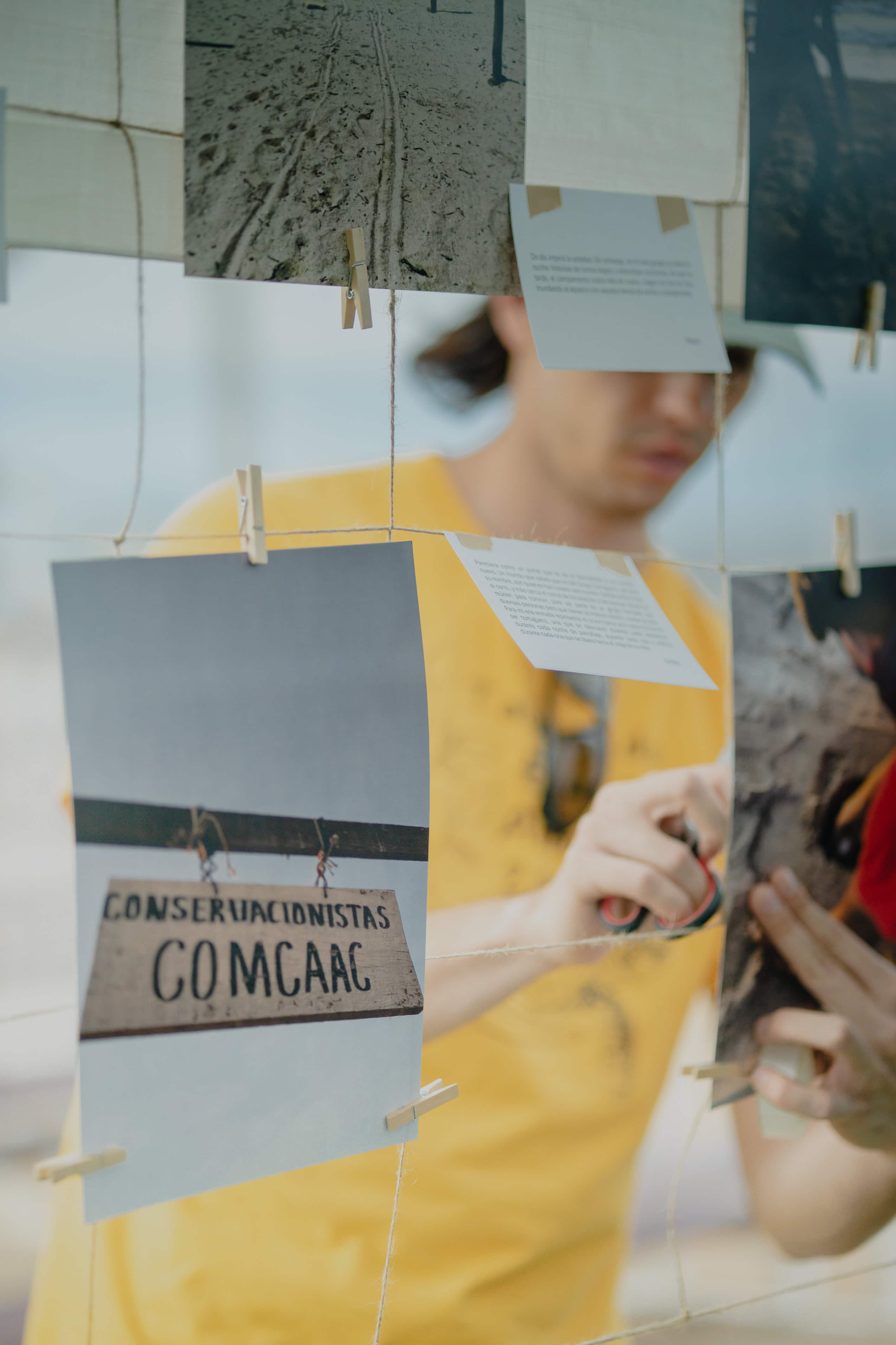 Fotografías colgadas en la exposición del Grupo Tortuguero, entre ellas la del letrero de los conservacionistas Comcaac.