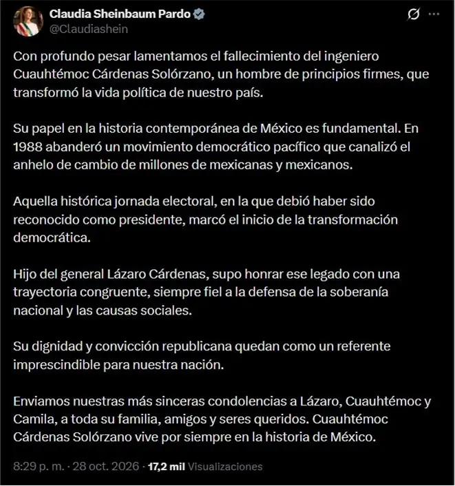 Sheinbaum, AMLO y Durazo lamentan muerte de Cuauhtémoc Cárdenas