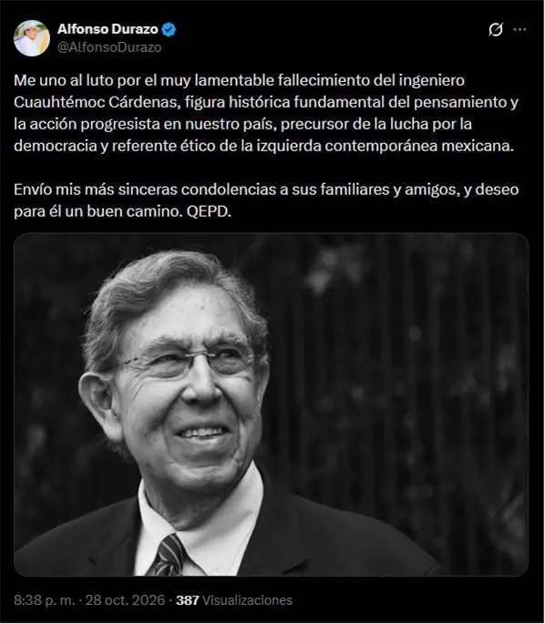 Sheinbaum, AMLO y Durazo lamentan muerte de Cuauhtémoc Cárdenas