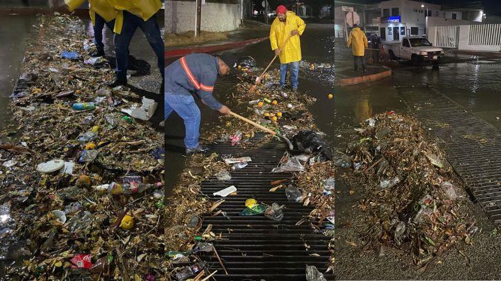 Lluvia en Hermosillo deja parrillas pluviales llenas de basura